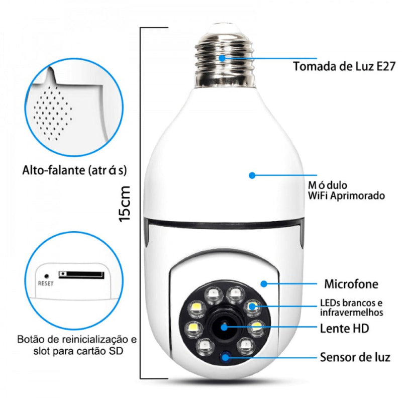 Câmera de Segurança Wi-fi 360 SmartVision - Full HD Visão Noturna + Brinde - Bocal para Instalação [SÓ HOJE!! 128 Gb de Armazenamento GRÁTIS]